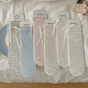 Chaussettes Mi Mollet Décontractées en Mélange de Soie Lyocell pour Femmes Dentelle Nœud Ajouré Respirant
