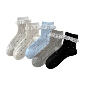 Cute Japanese women's socks set, thin mesh breathable cotton with lace ruffle and polka dot.