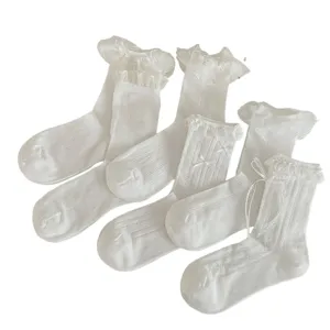 Chaussettes mi-basses en dentelle pour femme nœud papillon blanc mignon printemps été