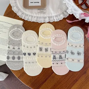 Women's Japanese Cartoon Animal Mesh Hollow-Out Low-Cut Boat Socks Sweet Lace Invisible Socks
