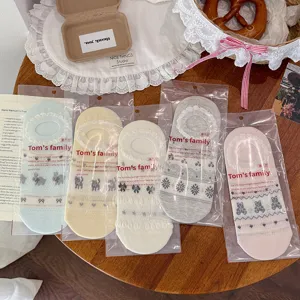 Cute Japanese women's thin mesh boat socks with sweet lace trim and adorable animal patterns.