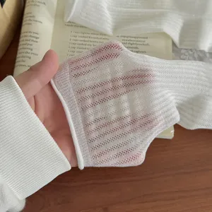 White sheer mesh mid-calf socks for women, breathable summer hosiery with Korean ins style.