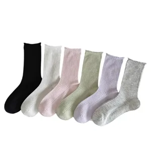 Women casual solid color rolled edge mid tube socks multi color set daily wear breathable