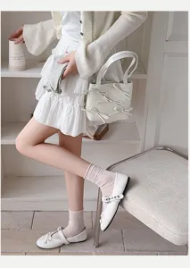 Sweet Japanese style mid-calf socks paired with cute bow shoes and bag, perfect for spring.