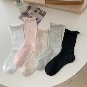 Sweet Japanese Style Ruffled Hollow Heart Bow Mid-Calf Socks For Women Breathable Cotton Casual Solid Color Cute Socks