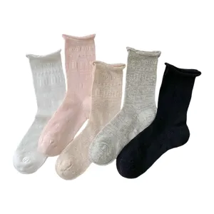 Japanese style rolled cuff women mid-calf socks sweet solid color breathable spring summer