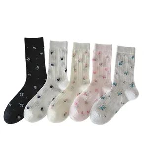 Femmes printemps ete chaussettes mi-mollet maille fine douces fleurs jolies longues