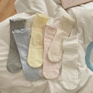 Chaussettes mi-mollet à volants pour femmes, design creux cœur mignon, chaussettes de printemps douces.