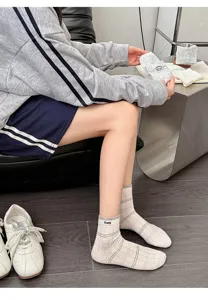 Spring summer thin women socks college style stripe ruffle socks with cute puppy logo details.