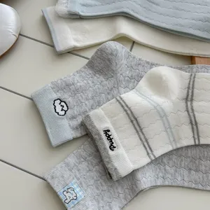 Women's spring summer short crew socks with cute puppy embroidery and Korean style stripes.