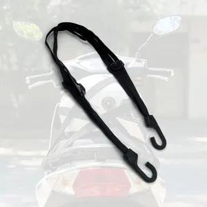 Black elastic motorcycle helmet luggage strap with secure hooks for daily travel use.