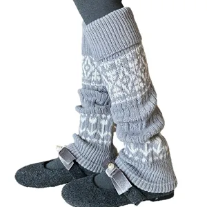 Retro Fair Isle Strick Beinling Damen Winter Slouchy Lange Stulpen Grau Warm Neu OVP