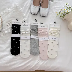 Damen Japanischer Stil Süße Blumen Wadensocken Baumwollmischung Dünn Atmungsaktiv Weiße Spitze Rüschen Socken Mode Hosiery