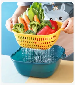 Detail view of double layer plastic drain basket, washing fresh vegetables easily and quickly.