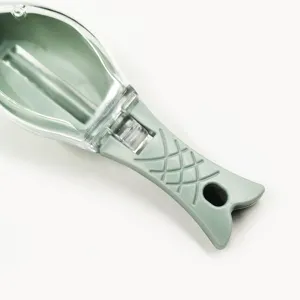 Household manual fish scale scraper tool with clear cover and green handle for kitchen use