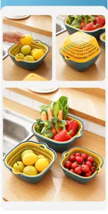 Double layer drain basket for kitchen vegetable and fruit washing, useful plastic colander set.