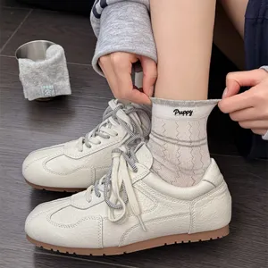 Women's spring summer short socks cute puppy embroidery Korean style striped casual hosiery