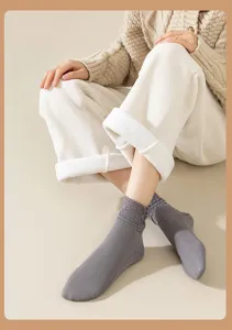 Women fleece-lined thermal socks with elegant lace trim, thick cozy winter sleep home short socks
