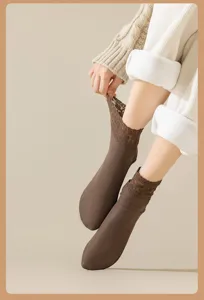 Brown fleece-lined thermal short socks with delicate lace trim for warm and cozy indoor wear.