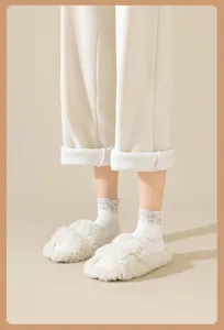 Women thick fleece thermal lace trim short socks detail view showcasing cozy winter home wear.