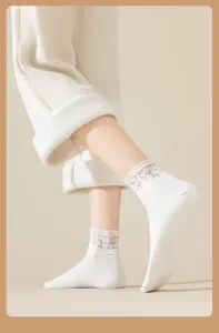 Detailed shot of women's warm fleece-lined socks featuring delicate lace trim cuffs.