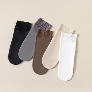 Women's Winter Thermal Fleece Lined Socks Cute Lace Trim Solid Color Short Crew Socks Soft Cozy Sleep Socks