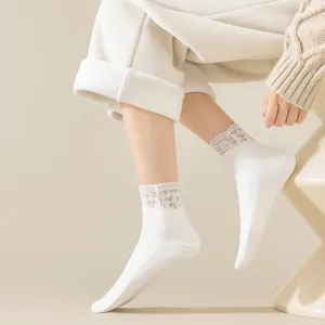Women winter thick fleece lined thermal socks with delicate lace trim cozy sleep socks white