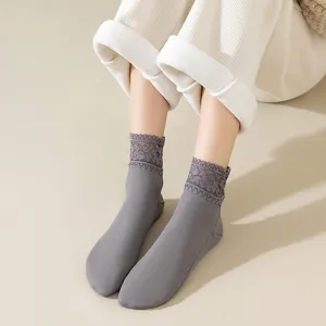 Women thermal fleece-lined short socks with elegant lace trim, warm solid color winter socks.