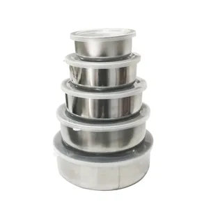 Stainless steel round food storage container set with lids, 5-piece stackable kitchen bowls.