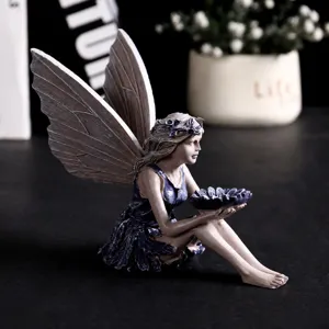 Resin fairy figurine garden sculpture ornament with wings holding flower bowl for outdoor decor