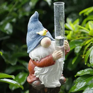Ornamento in Resina per Pluviometro da Giardino Gnomo Statua di Nano Cartone Animato Carino Con Tubo Graduato Trasparente Per Arredo Giardino