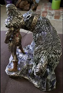 Norse mythology god Tyr and Fenrir wolf resin statue sculpture, exquisite vintage home decor.
