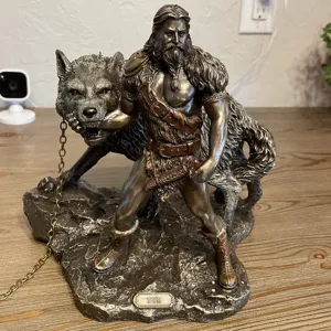 Nordic Mythology God Tyr And Fenrir Wolf Resin Figurine Antique Bronze Norse God Statue Desktop Ornament Home Decor