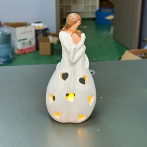 Resin Mother And Daughter Hugging LED Candle Holder Heart Cutout Home Decor Warm Light Gift