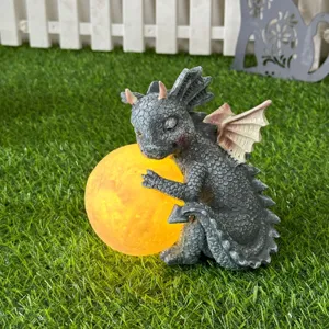 Resin little dragon holding glowing moon statue outdoor garden decorative ornament