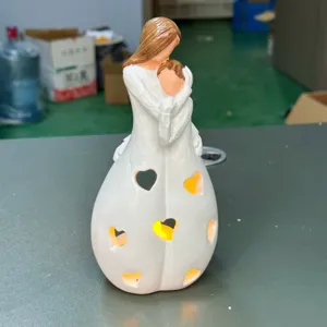 LED Mother Daughter Hugging Candle Holder Resin Figurine Warm Light Home Decor Gift