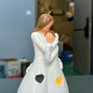 Resin mother and child hugging LED candle holder for home decor tabletop ornament