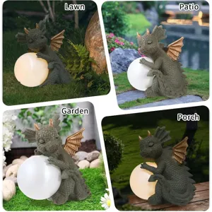 Cute resin dragon figurine with glowing orb, perfect outdoor garden and lawn decoration.
