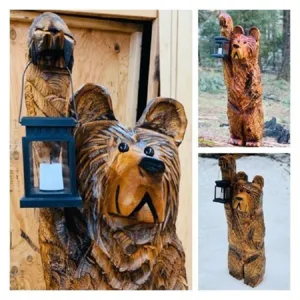 Statue de jardin ours sculptée en résine artisanale avec lanterne déco rustique cour