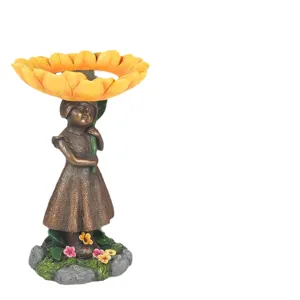 Statue de jardin abreuvoir pour oiseaux en resine fille mignonne tournesol decoration