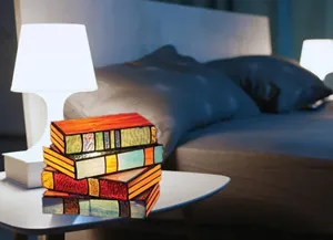 Resin book stack table lamp, creative LED night light and cozy home decor ornament.