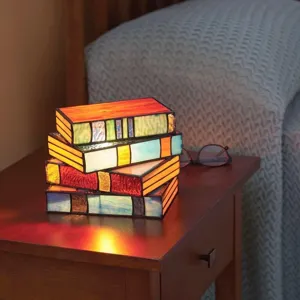 Creative Resin Book Desk Lamp Miniature Night Light Stained Glass Style Aesthetic Room Decor Bedside Table Lamp