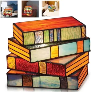 Stained glass book stack table lamp, creative LED resin night light for bedroom and home desk decor.