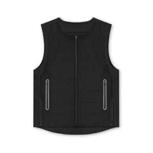 Men's black quilted padded vest detail, winter warm sleeveless jacket with zipper pockets.