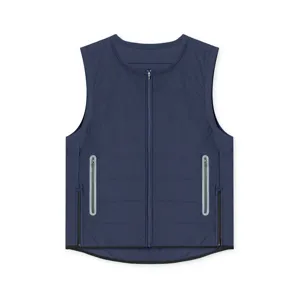 Detailed view of men's winter warm padded vest in solid navy blue with secure zip pockets.