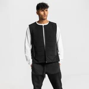 Black quilted vest detail, sleeveless padded winter outerwear design for daily casual wear.