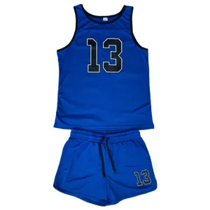 Blaues sportliches ärmelloses Tanktop und Shorts Detail mit Nummernprint Netzstoff Design