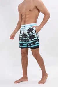 Vista dettagliata dei pantaloncini da bagno ad asciugatura rapida con palme tropicali.