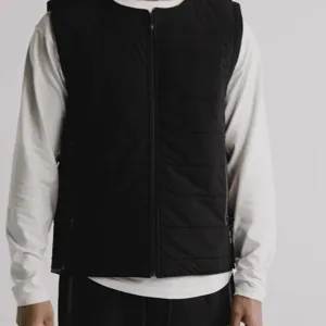 Men's casual black padded vest detail view, sleeveless winter warm waistcoat fashion item.