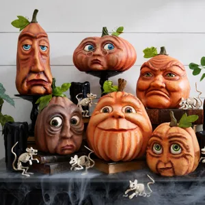 Funny Human Face Pumpkin Resin Figurine Halloween Outdoor Yard Decoration Scary Expression Sculpture Party Prop